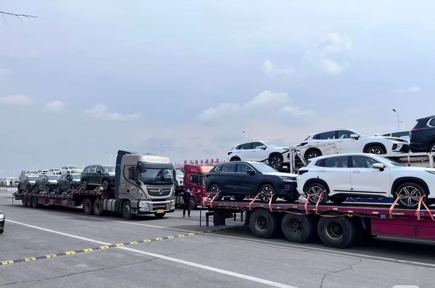 Car transporters arriving at the port